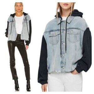 ALL SAINTS Logo Buttons Distressed Denim Fleece Indigo Blue MILENA Hooded Jacket